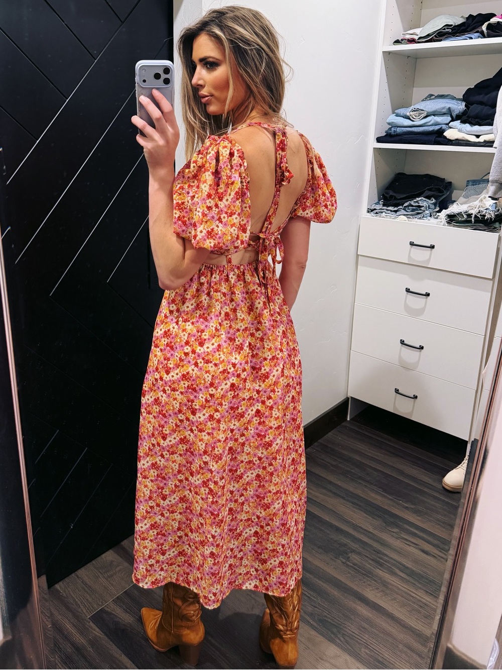 For Love & Lemons Pink Floral Puff-Sleeve Midi Dress - Picture 2 of 6